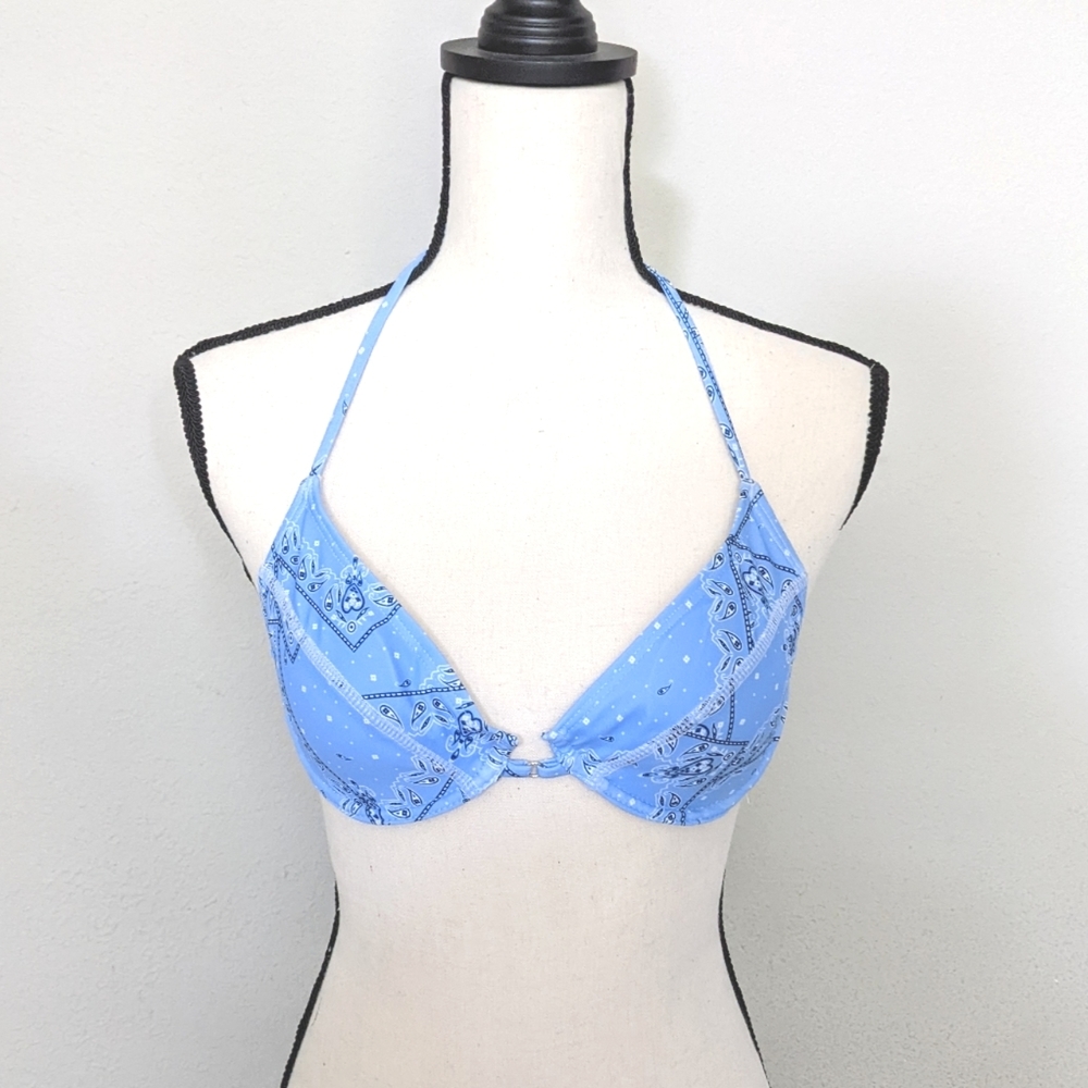 Blue and white bandana print push up bikini top size S M L